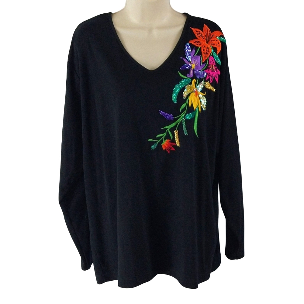 Floral Sequin And Embroidered Black Women's Top